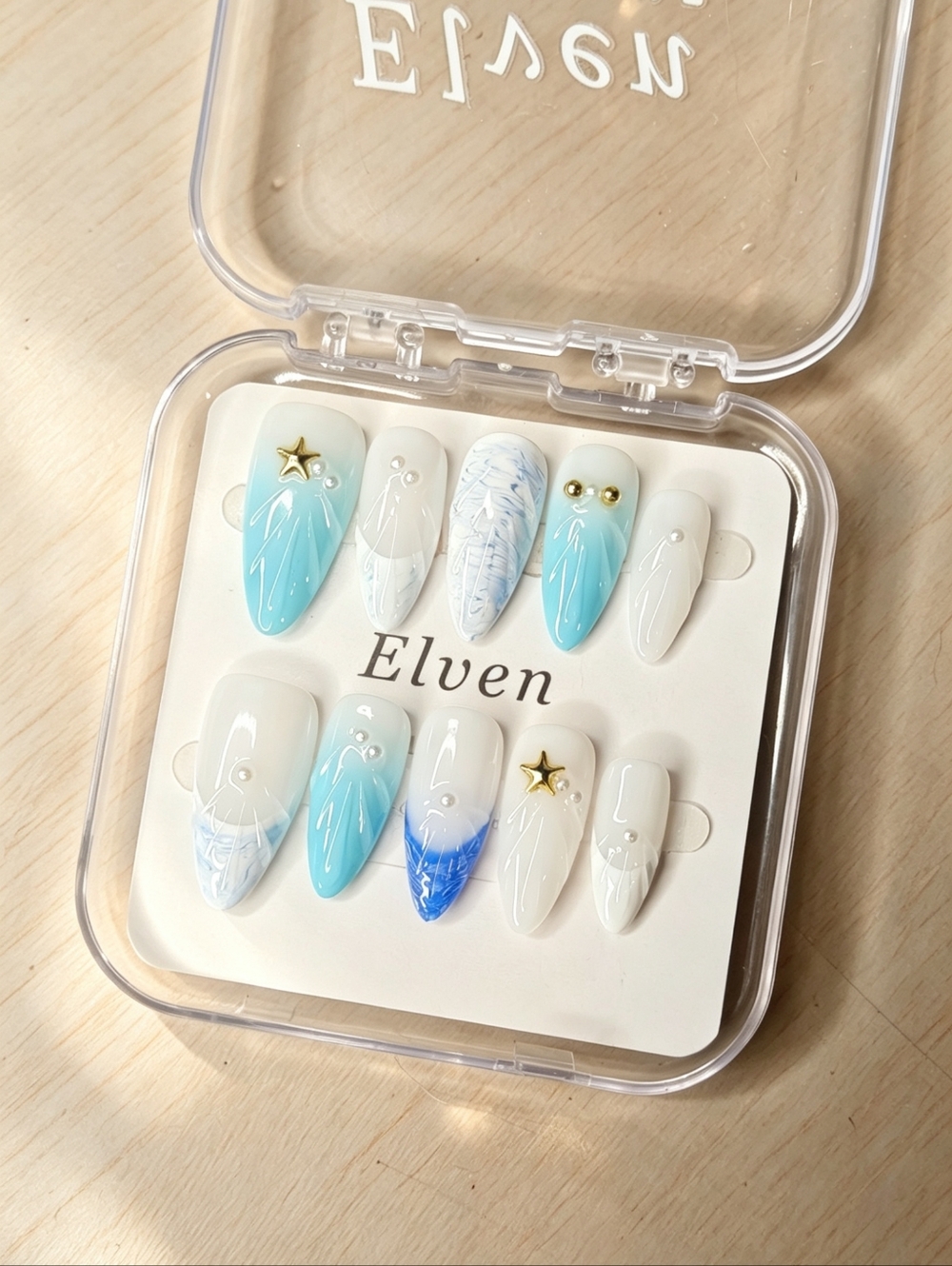 Blue and White Ocean Beach Style Almond Handmade Press On Nails With Pearls Star